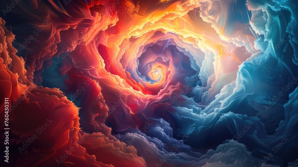 Fototapeta premium 3D render of a glowing vortex featuring swirling clouds of vibrant colors, ranging from deep blues to bright reds and oranges The center of the vortex is illuminated by a glowing golden