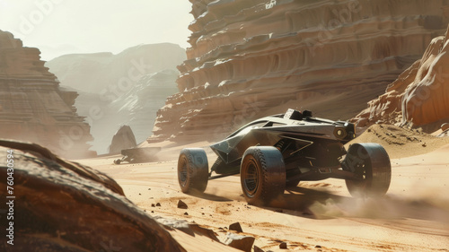 A futuristic vehicle speeds through a desert canyon, kicking up dust.