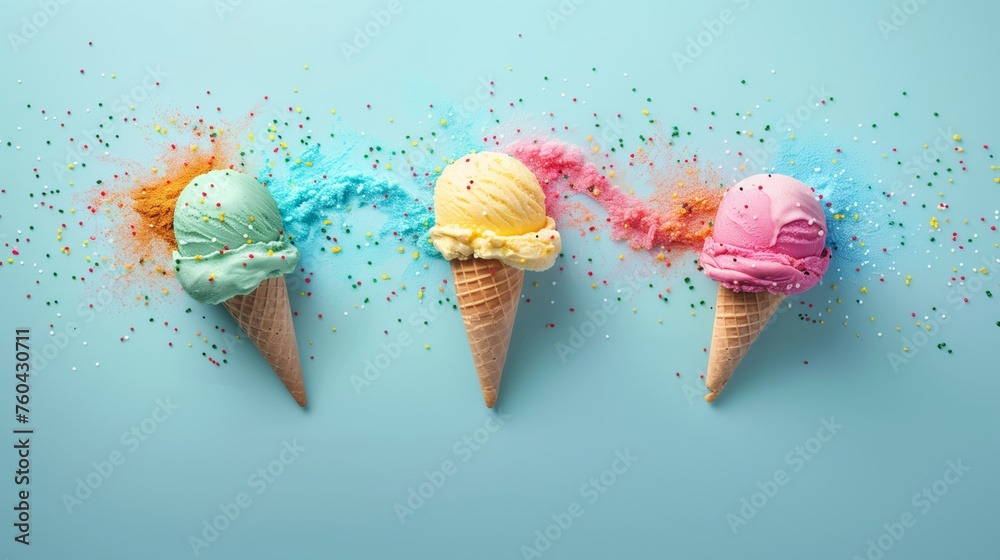 Fototapeta premium Various flavors of ice cream on a colorful background. Summer concept.