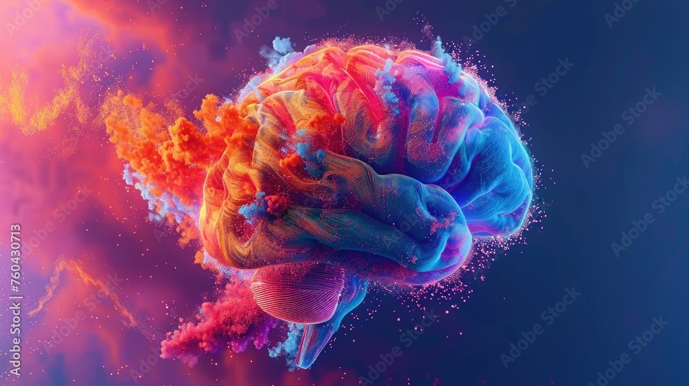 Colorful and Creative Human Brain 3D Render in Space, Explore the limitless potential of human creativity and innovation with this eye-catching 3D - obrazy, fototapety, plakaty 