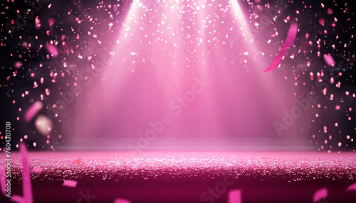 Pink confetti rain on festive stage with light beam in the middle, empty room at night mockup with copy space for award ceremony, jubilee, New Year's party or product presentations © Uuganbayar