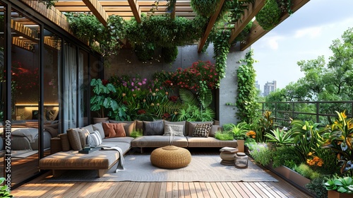 modern living room with a beautiful garden view photo