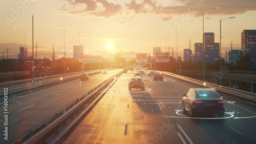 Sunset over a busy highway with autonomous cars signifying a smart future.
