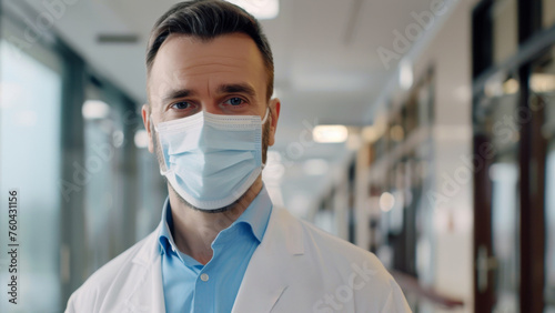 Confident healthcare professional with mask in a hospital corridor.