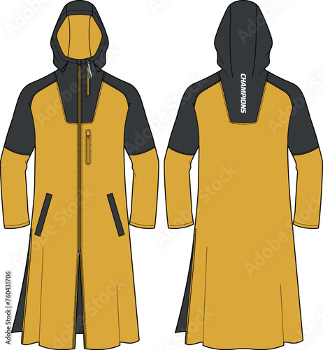 Long line Parka coat Hoodie jacket design flat sketch Illustration, Hooded Parka rain coat with front and back view, winter coat for Men and women for outerwear and long weather jacket