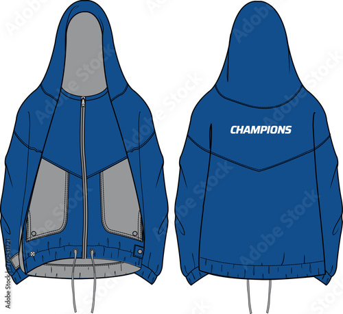 Sports Hoodie blouson jacket design flat sketch Illustration, Hooded utility jacket with front and back view, winter jacket for Men and women. for hiker, outerwear and workout in winter