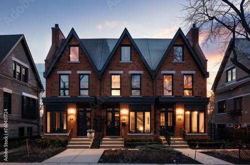 Row of houses in Toronto lit up at dusk