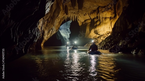 Friends navigating a thrilling underground river in a dark cave, with only headlamps illuminating their path.