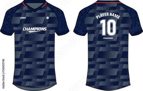 Sports jersey t shirt and shorts kit design flat sketch illustration, Abstract pattern V neck raglan sleeve Football jersey kit concept with front and back view for Soccer, Cricket, Volleyball uniform