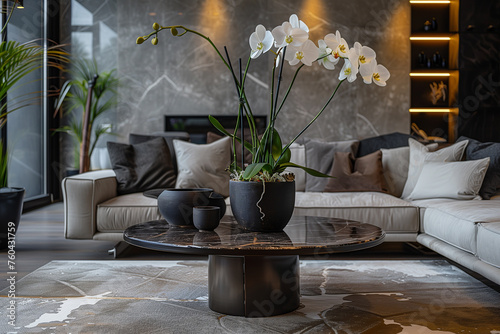 stone coffee table with an orchid in the living room in a modern style in gray tones with granite and stone trim