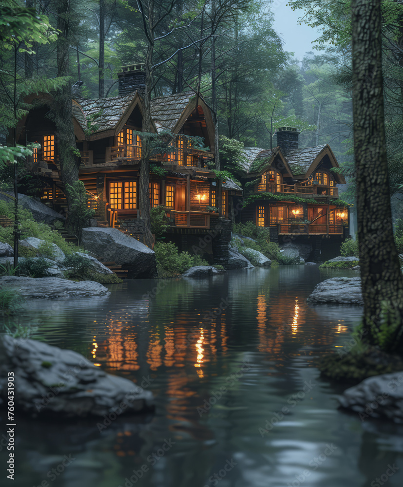 Old house in the forest by the river