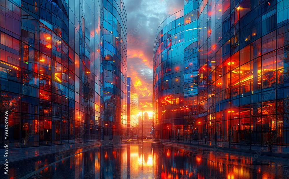 Naklejka premium Beautiful sunset reflection in the glass facade of modern building