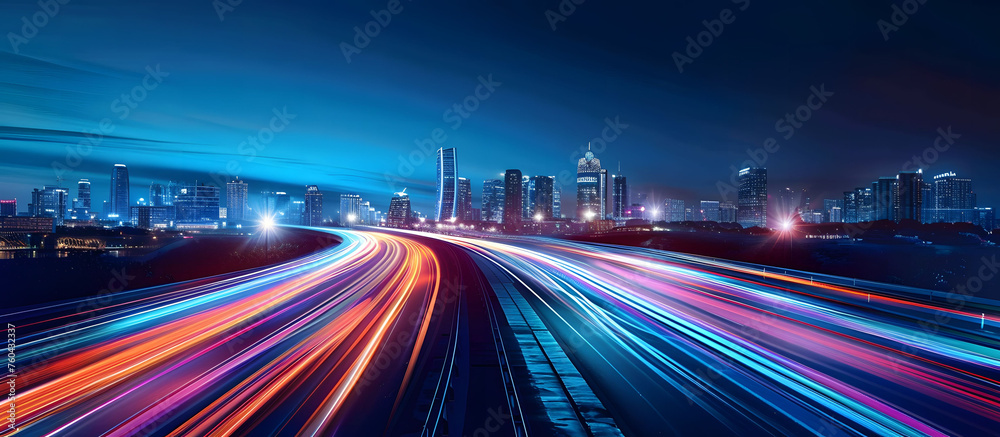 Fototapeta premium Abstract cityscape background featuring a night highway with illuminated road lights, capturing the motion of traffic. The image has a long exposure, creating a dynamic and blurred effect.