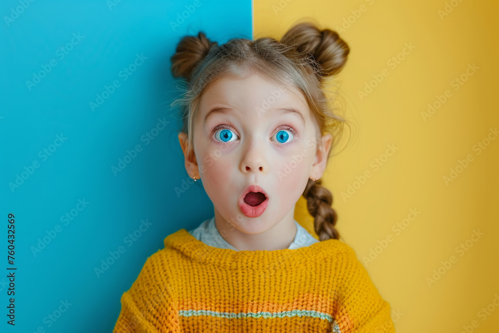 A child girl with blue eyes and blonde hair looking at the camera with an open mouth, as if she is surprised or shocked. girl with a surprised facial expression, wearing a bright sweater in blue wall A child girl with blue eyes and blonde hair looking at the camera with an open mouth, as if she is surprised or shocked. girl with a surprised facial expression, wearing a bright sweater in blue wall