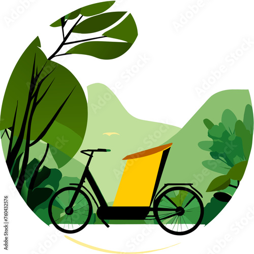 A rickshaw wends its way through a lush, verdant natural setting.