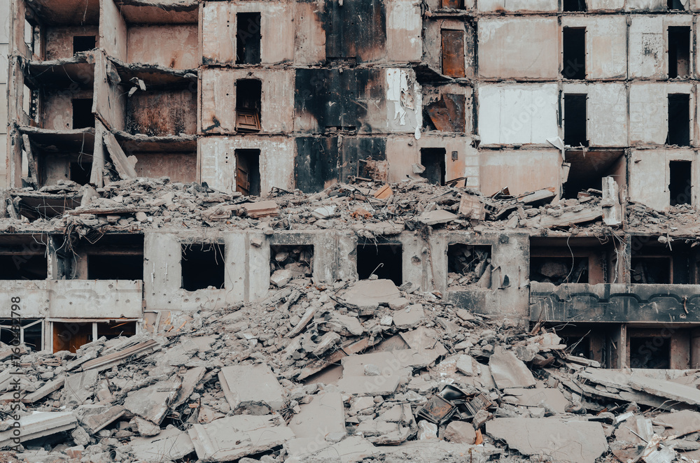 destroyed and burned houses in the city in Ukraine war