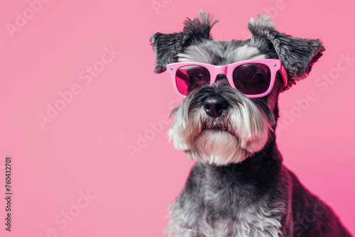 Cool pink sunglasses on the face of a schnauzer dog on solid color background photo