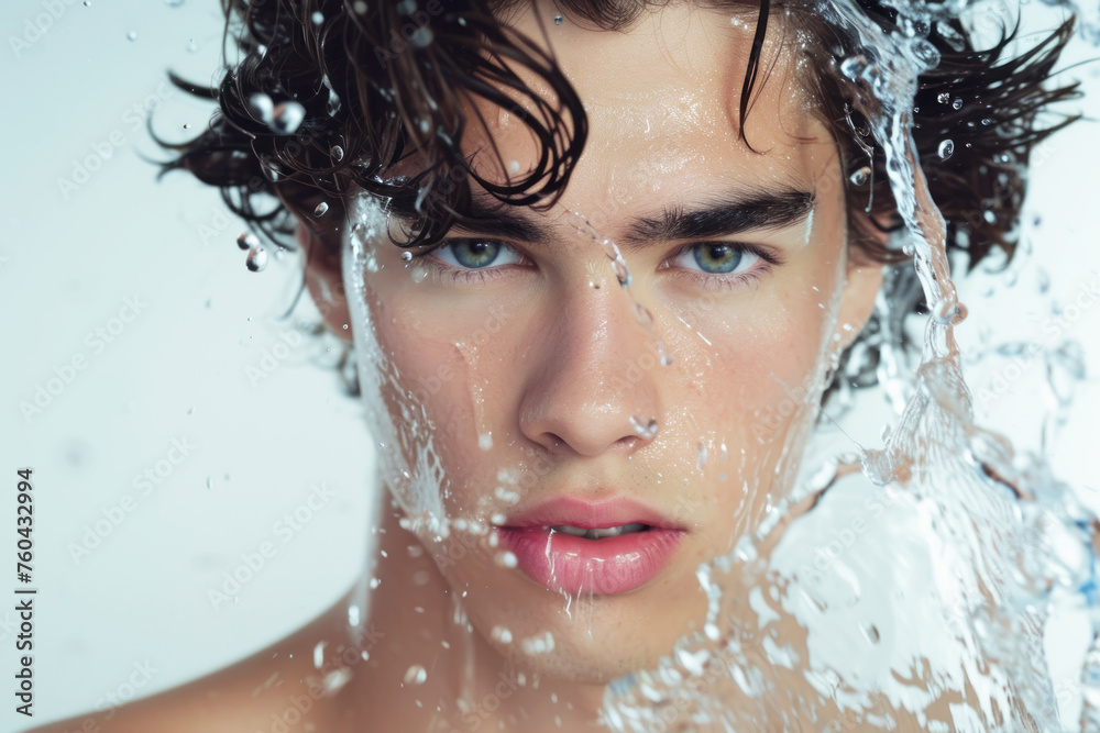Pretty young man with clean skin and splash of water