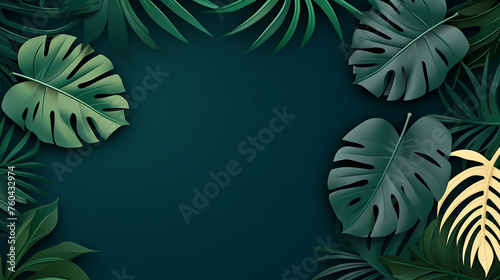 tropical paper palm monstera leaves frame plant on dark background with space for text