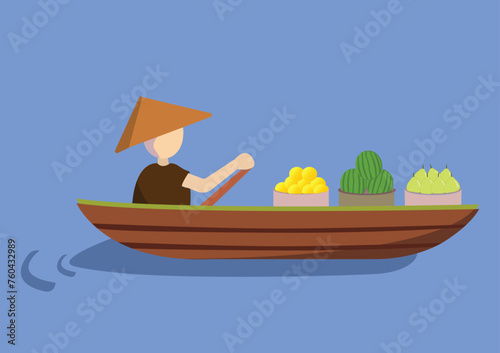 Floating market seller icon vector. Vector illustration of people selling fruit on a boat in a floating market. Buying and selling facilities located above the waters