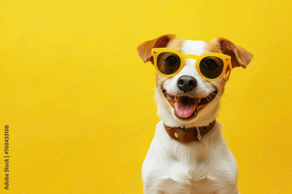 Jack Russell Terrier looking forward on yellow background