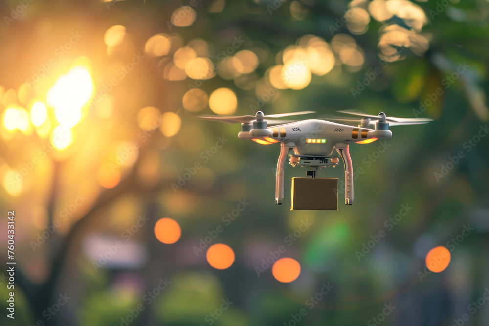 A drone carrying a package ready for delivery A drone carrying a package ready for delivery