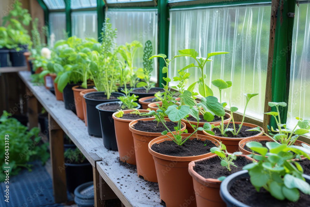 A row of potted plants in a greenhouse