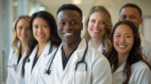 Group of diverse medical professionals with a joyful demeanor.