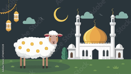 Eid al-Adha Celebration: Modern Vector Art Featuring a Sheep by the Mosque photo