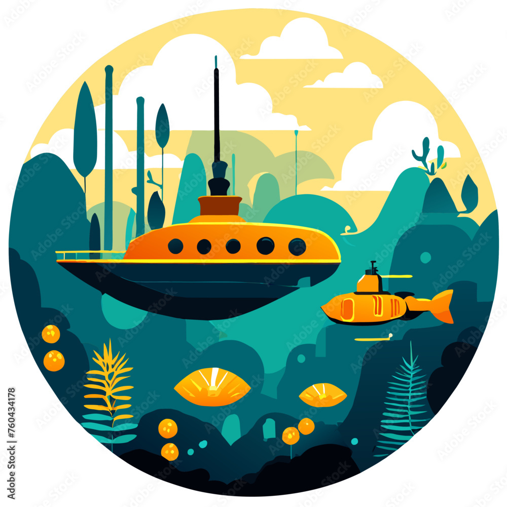 Obraz premium A submarine stealthily navigates the depths of the ocean, its sleek hull blending seamlessly with the surrounding marine environment.