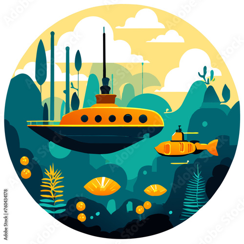 A submarine stealthily navigates the depths of the ocean, its sleek hull blending seamlessly with the surrounding marine environment.