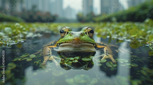 A frog s image in pristine water  with corporate buildings having green roofs and walls  signifies eco-friendly practices.