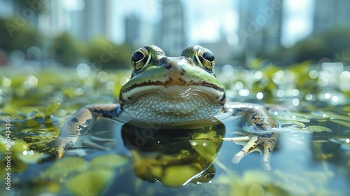 A frog s image in pure water  with corporate buildings having green roofs  signifies eco-consciousness and innovation.
