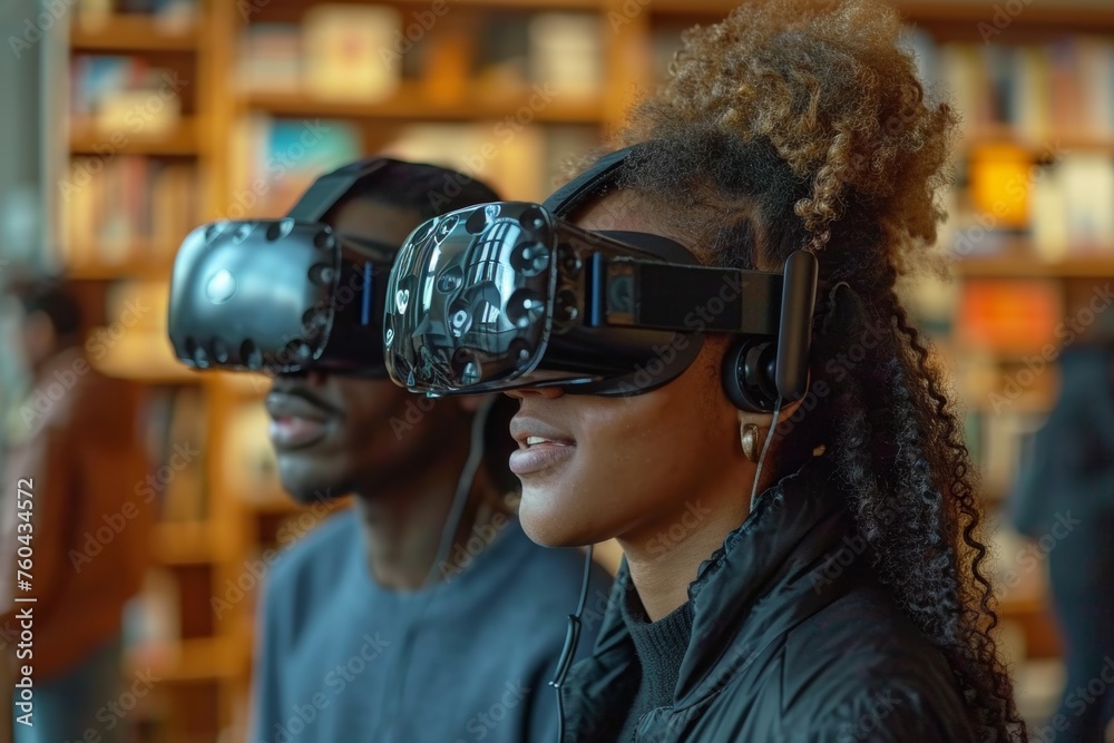 Woman experiencing virtual reality, innovative technology, immersive entertainment.