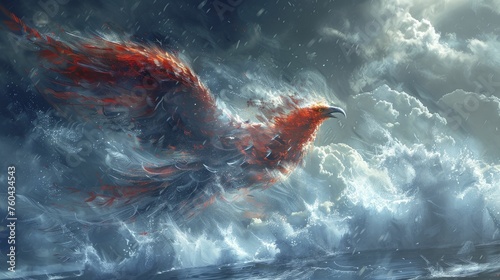 A phoenix hovers over a melting iceberg  turning it to steam  showcasing resilience and adaptability amidst climate change.