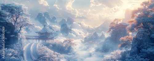 Chinese pavilions surrounded by clouds, Illustration, dreamy