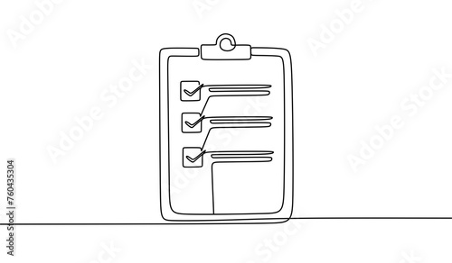 Clipboard with checklist. Continuous line one drawing. Without backgound. Simple line illustration.	 photo