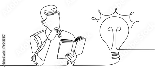 One line drawing of a man finding a solution while reading a book.