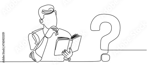 One line drawing of a man finding a solution while reading a book.