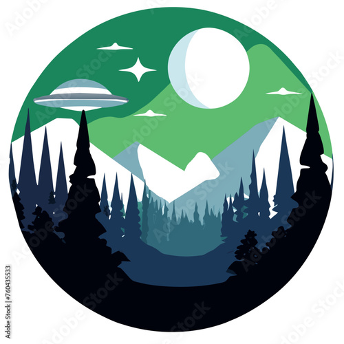 An unidentified flying object hovers mysteriously above a tranquil forest.
