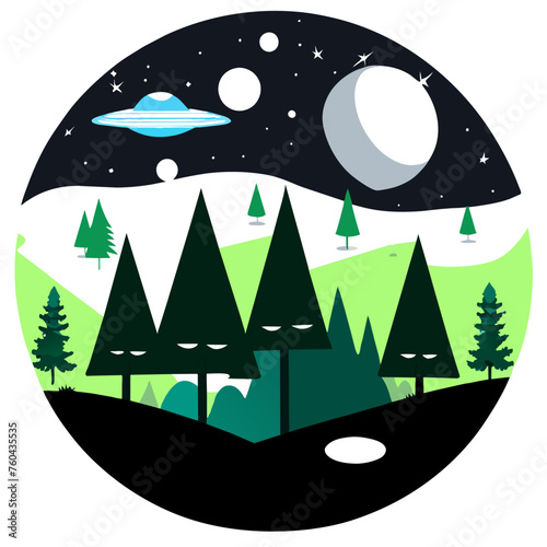 A UFO hovers above a lush green forest.