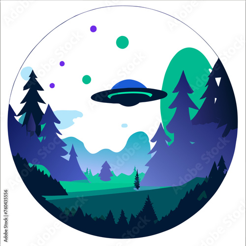 A UFO hovers above a lush green forest, casting an eerie glow on the surroundings.
