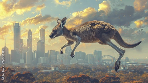 A kangaroo showcases urban agility amidst obstacles, with a dynamic skyline symbolizing adaptability and progress in city planning.