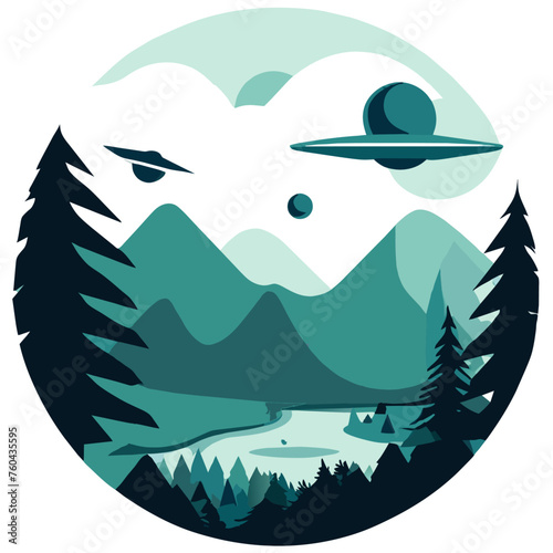 A mysterious flying object hovers above a lush green forest, its presence casting an otherworldly glow on the natural surroundings.