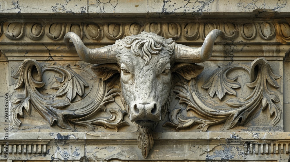An ox carved into the facade of an ancient bank building, merging the symbol of strength with architectural elegance to convey trust and heritage. An ox carved into the facade of an ancient bank building, merging the symbol of strength with architectural elegance to convey trust and heritage.