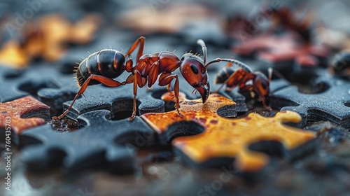 Ants working together to solve a puzzle showcasing a company logo, exemplifying the significance of teamwork and unity in brand development and marketing tactics. © Manyapha