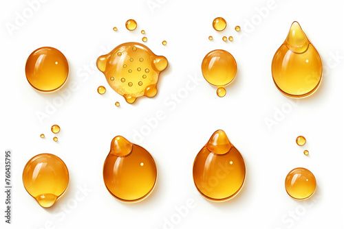 Honey drops set and collection isolated on white background, top view