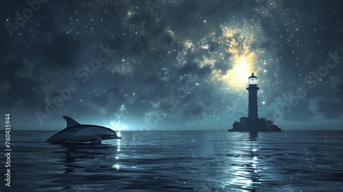 Dolphin shadow on moonlit waters, distant lighthouse hints at hope, guidance, and enlightenment on personal growth journey.