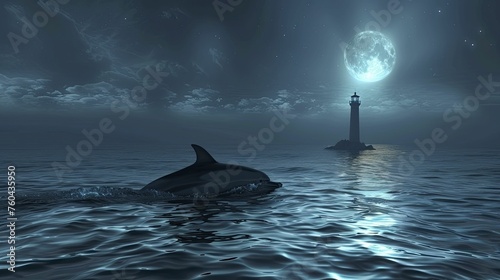 Dolphin silhouette against a moonlit ocean, with a lighthouse in the distance, symbolizing hope, guidance, and the path towards enlightenment in personal development services.