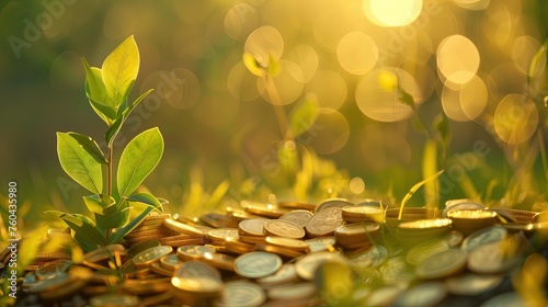 Roślina zielona kiełkuje z góry monet, symbolizując przemianę i wzrost wiosną oraz inwestycje w środowisko. photo